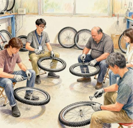 自転車タイヤ組立て作業場のイラスト
